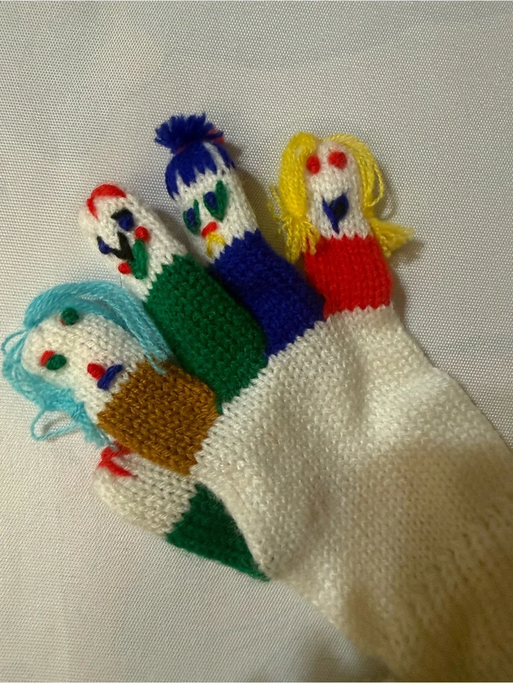Handmade White Knit Finger Puppet Glove with Colorful Faces